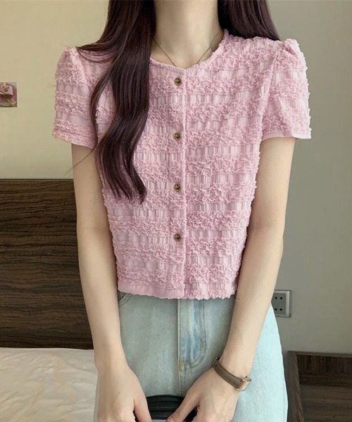 セール】ボタン前開き シャーリング トップス 半袖（Tシャツ