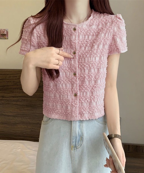 WESTSEA(ウエストシー)の「ボタン前開き シャーリング トップス 半袖(Tシャツ/カットソー・レディース・ブラック/アイボリー/ピンク・FREE)」の16枚目の写真