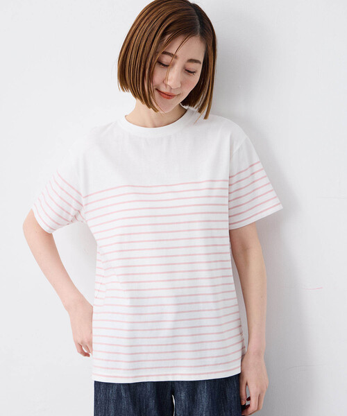 Petit Honfleur(プチオンフルール)の「【接触冷感・UVカット】オーガニックコットンパネルボーダーTシャツ(Tシャツ/カットソー・レディース・ピンク/ホワイト/ネイビー・L/M)」の1枚目の写真