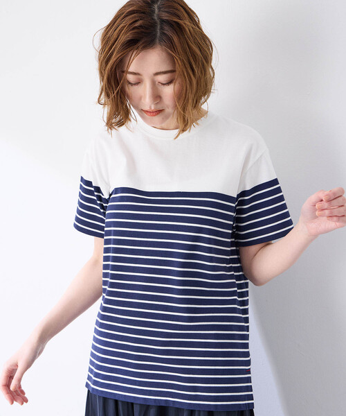 Petit Honfleur(プチオンフルール)の「【接触冷感・UVカット】オーガニックコットンパネルボーダーTシャツ(Tシャツ/カットソー・レディース・ピンク/ホワイト/ネイビー・L/M)」の20枚目の写真