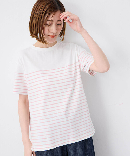 Petit Honfleur(プチオンフルール)の「【接触冷感・UVカット】オーガニックコットンパネルボーダーTシャツ(Tシャツ/カットソー・レディース・ピンク/ホワイト/ネイビー・L/M)」の19枚目の写真