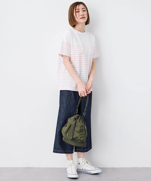 Petit Honfleur(プチオンフルール)の「【接触冷感・UVカット】オーガニックコットンパネルボーダーTシャツ(Tシャツ/カットソー・レディース・ピンク/ホワイト/ネイビー・L/M)」の13枚目の写真