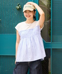 ストライプ切替 フレンチスリーブTシャツ/ストライプドッキングTシャツ