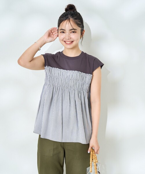 プリーツプリーズ　太めストライプ　トップス　モノトーン　美品 セール】ストライプ切替 フレンチスリーブTシャツ/ストライプ