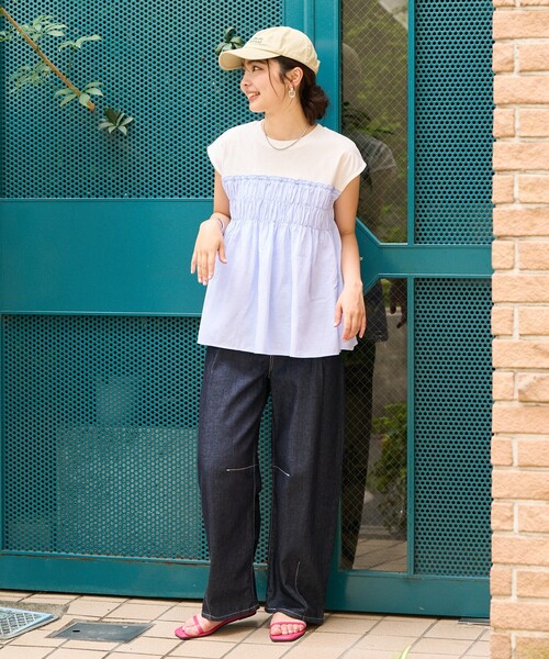 FREAK'S STORE(フリークスストア)の「ストライプ切替 フレンチスリーブTシャツ/ストライプドッキングTシャツ(Tシャツ/カットソー・レディース・ピンク/ブラック/ブルー・フリ-)」の5枚目の写真