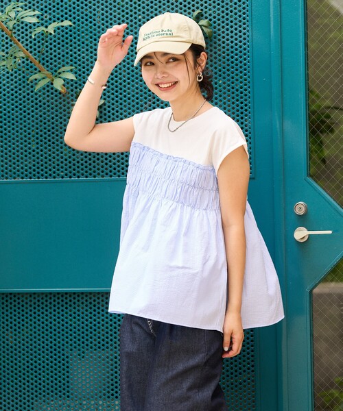 FREAK'S STORE(フリークスストア)の「ストライプ切替 フレンチスリーブTシャツ/ストライプドッキングTシャツ(Tシャツ/カットソー・レディース・ピンク/ブラック/ブルー・フリ-)」の9枚目の写真