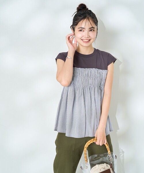 セール】ストライプ切替 フレンチスリーブTシャツ/ストライプ