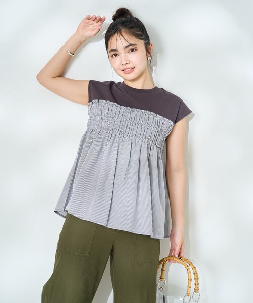 セール】ストライプ切替 フレンチスリーブTシャツ/ストライプ