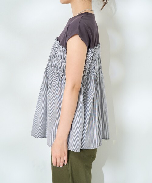 セール】ストライプ切替 フレンチスリーブTシャツ/ストライプ