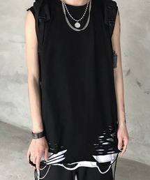【BENDER TOKYO】クラッシュ ダメージ加工 レイヤード ロング タンクトップ ノースリーブTシャツ