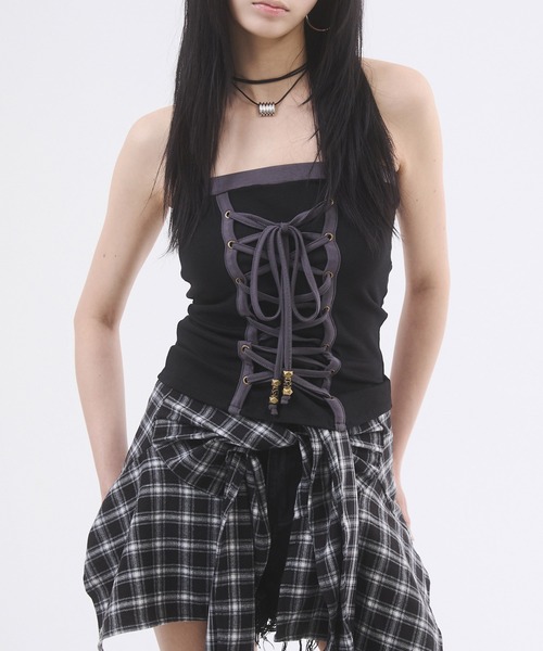 d.i.a.(ダイヤ)の「バックカッティングレースアップベアトップ(Tシャツ/カットソー・レディース・カーキ/アイボリー/ブラック・FREE)」の1枚目の写真