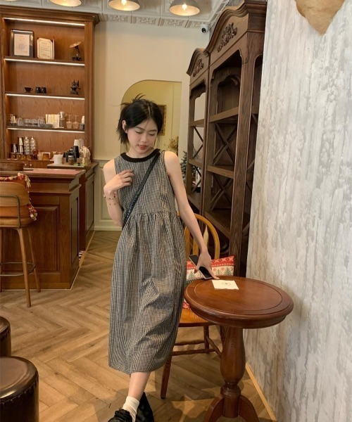 セール】ギンガムチェック ノースリーブ ワンピース（ワンピース