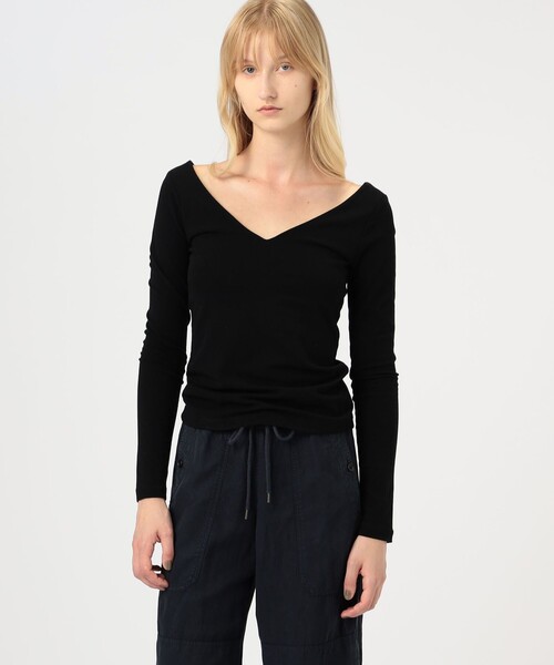 JAMES PERSE(ジェームスパース)の「コットンストレッチ ディープVネックTシャツ WLSR3044(Tシャツ/カットソー・レディース・ホワイト/ブラック・2/0/1)」の4枚目の写真