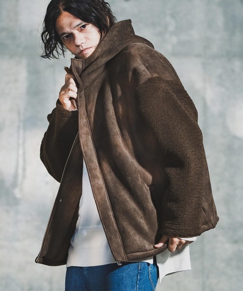 GLIMCLAP(グリムクラップ)の「mj11096-Boa & Mouton Panel Hoodie Jacket ボア×フェイクムートンフーデッドジャケット(192-037-gla-cf)(その他アウター・メンズ・ブラック/ブラウン・S/M/L)」の1枚目の写真