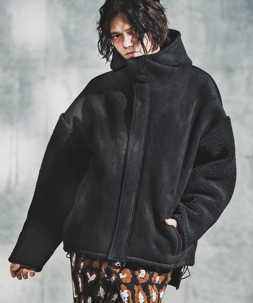 GLIMCLAP(グリムクラップ)の「mj11096-Boa & Mouton Panel Hoodie Jacket ボア×フェイクムートンフーデッドジャケット(192-037-gla-cf)(その他アウター・メンズ・ブラック/ブラウン・S/M/L)」の5枚目の写真