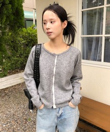 バイカラーラインラウンドネックニットカーディガン