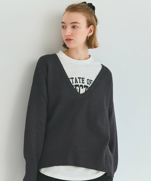 coca(coca)(コカ)の「ディープVネックニットトップス(ニット/セーター・レディース・カーキ/チャコール・L/M/S)」の1枚目の写真