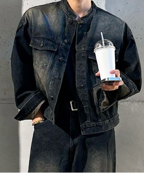 NOWLE（ノウル）の「【NOWLE】ヴィンテージウォッシュ ノーカラー ショート デニム ジャケット（デニムジャケット・メンズ・ダークインディゴブルー・MEDIUM/LARGE/X-LARGE）」の5枚目の写真