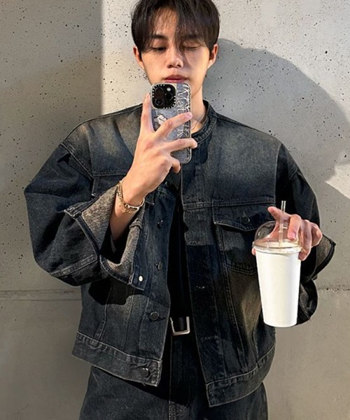 NOWLE（ノウル）の「【NOWLE】ヴィンテージウォッシュ ノーカラー ショート デニム ジャケット（デニムジャケット・メンズ・ダークインディゴブルー・MEDIUM/LARGE/X-LARGE）」の12枚目の写真