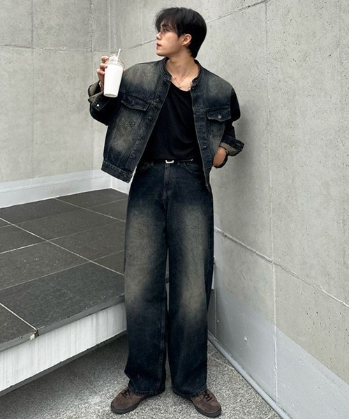 NOWLE（ノウル）の「【NOWLE】ヴィンテージウォッシュ ノーカラー ショート デニム ジャケット（デニムジャケット・メンズ・ダークインディゴブルー・MEDIUM/LARGE/X-LARGE）」の13枚目の写真