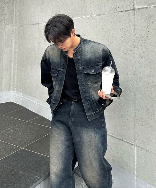 NOWLE（ノウル）の「【NOWLE】ヴィンテージウォッシュ ノーカラー ショート デニム ジャケット（デニムジャケット・メンズ・ダークインディゴブルー・MEDIUM/LARGE/X-LARGE）」の14枚目の写真