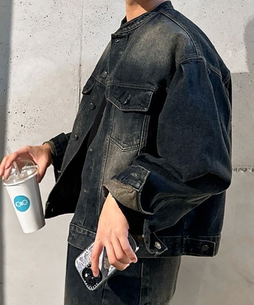 セール】【NOWLE】ヴィンテージウォッシュ ノーカラー ショート デニム