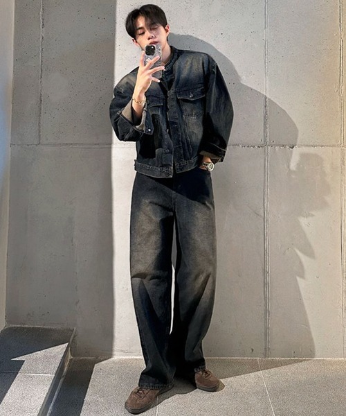 NOWLE（ノウル）の「【NOWLE】ヴィンテージウォッシュ ノーカラー ショート デニム ジャケット（デニムジャケット・メンズ・ダークインディゴブルー・MEDIUM/LARGE/X-LARGE）」の16枚目の写真