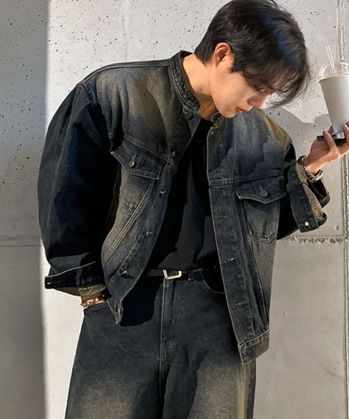 セール】【NOWLE】ヴィンテージウォッシュ ノーカラー ショート デニム