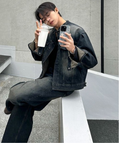 NOWLE（ノウル）の「【NOWLE】ヴィンテージウォッシュ ノーカラー ショート デニム ジャケット（デニムジャケット・メンズ・ダークインディゴブルー・MEDIUM/LARGE/X-LARGE）」の19枚目の写真