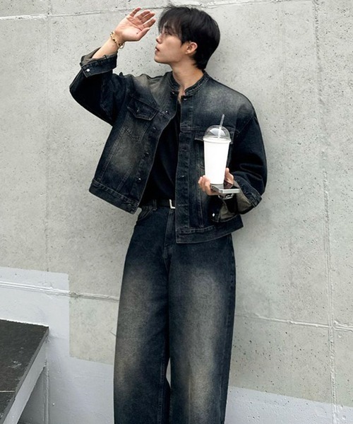 NOWLE（ノウル）の「【NOWLE】ヴィンテージウォッシュ ノーカラー ショート デニム ジャケット（デニムジャケット・メンズ・ダークインディゴブルー・MEDIUM/LARGE/X-LARGE）」の20枚目の写真