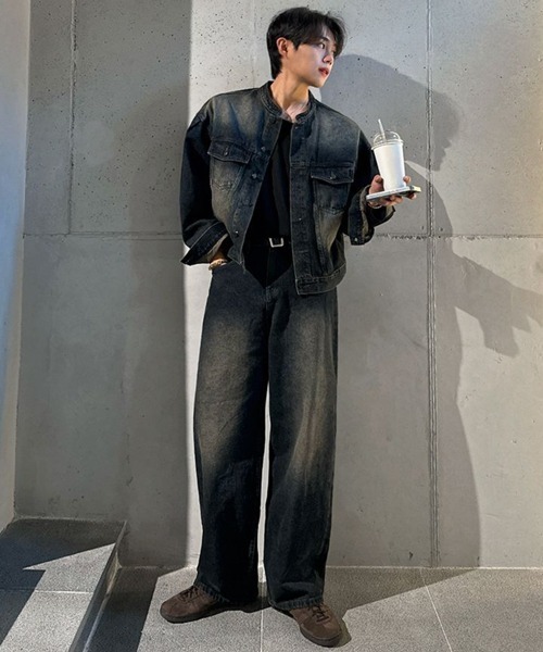 セール】【NOWLE】ヴィンテージウォッシュ ノーカラー ショート デニム