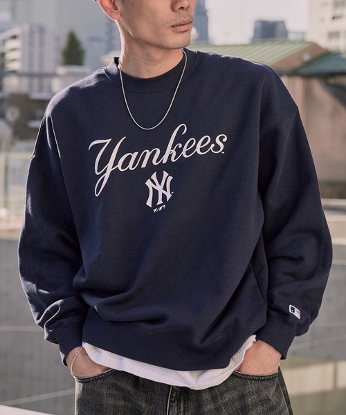 即納　CADUNE<MLB別注>パールスウェット　ネイビー セール】MLB/エムエルビー MLB LOGO CREW プリントデザイン クルー