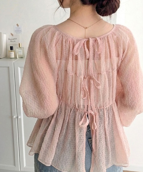 mily bilet(ミウィビレット)の「【mily bilet】1枚で2通り。透け感×チェックで、甘さをほどよく。前後2wayシアーチェックブラウス(シャツ/ブラウス・レディース・チャコール/アイボリー/ピンク・X-LARGE/SMALL/MEDIUM/LARGE)」の3枚目の写真