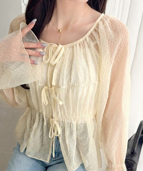 mily bilet(ミウィビレット)の「【mily bilet】1枚で2通り。透け感×チェックで、甘さをほどよく。前後2wayシアーチェックブラウス(シャツ/ブラウス・レディース・チャコール/アイボリー/ピンク・X-LARGE/SMALL/MEDIUM/LARGE)」の5枚目の写真