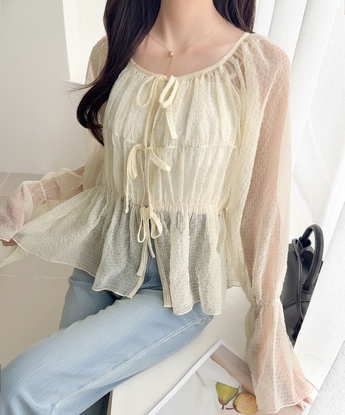 mily bilet(ミウィビレット)の「【mily bilet】1枚で2通り。透け感×チェックで、甘さをほどよく。前後2wayシアーチェックブラウス(シャツ/ブラウス・レディース・チャコール/アイボリー/ピンク・X-LARGE/SMALL/MEDIUM/LARGE)」の6枚目の写真