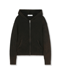 OVERSIZED HOOD KNIT ZIP UP BLACK BROWN