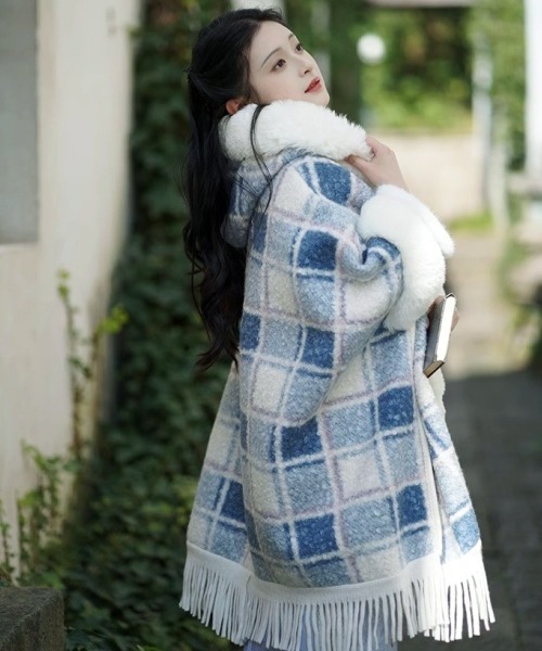 セール】Y2Kガーリーふわふわフード付きケープポンチョアウター【新作