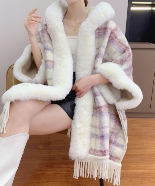 セール】Y2Kガーリーふわふわフード付きケープポンチョアウター【新作