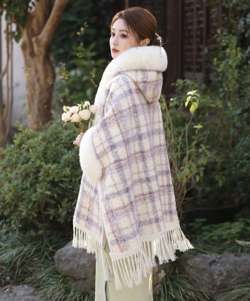 セール】Y2Kガーリーふわふわフード付きケープポンチョアウター【新作