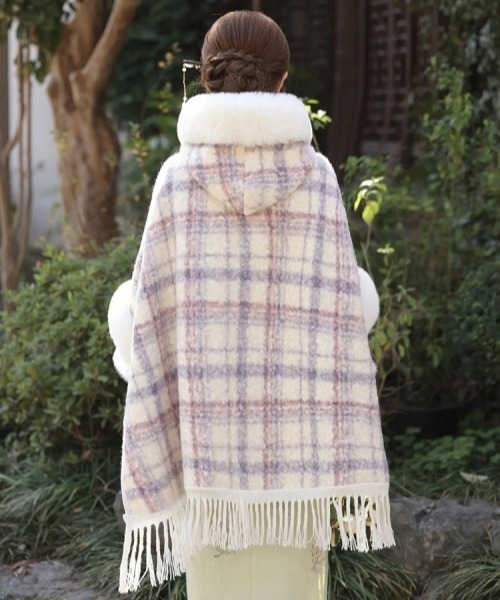 セール】Y2Kガーリーふわふわフード付きケープポンチョアウター【新作