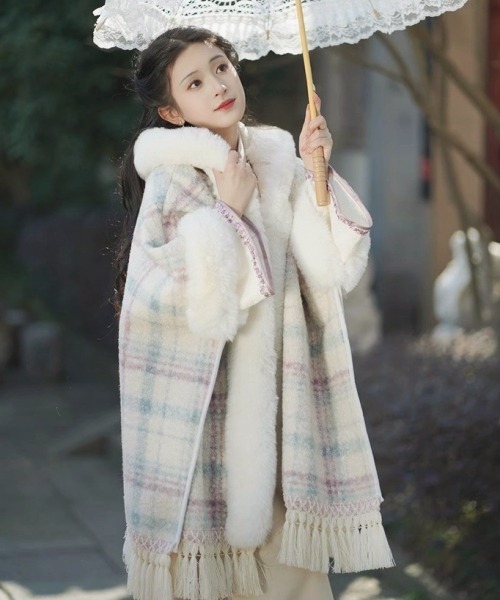 セール】Y2Kガーリーふわふわフード付きケープポンチョアウター【新作