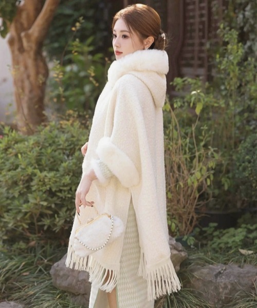 セール】Y2Kガーリーふわふわフード付きケープポンチョアウター【新作