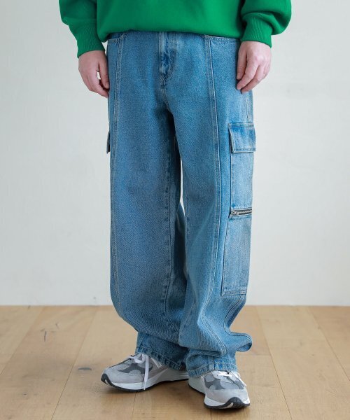 ジッパーカーゴデニムパンツV29_ブルー