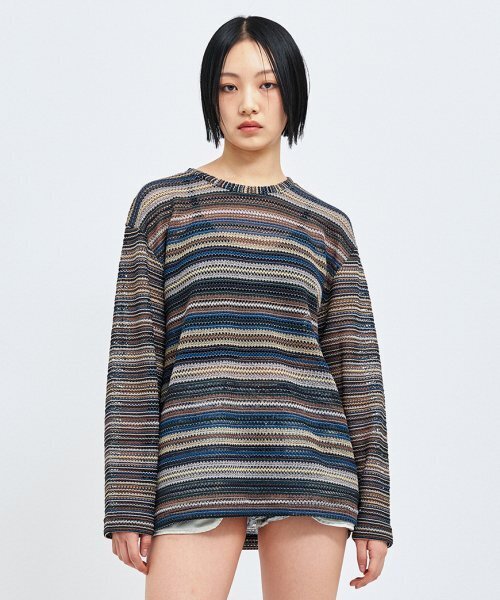 C WEAR BY THE GENIUS(シーウェアバイザジーニアス)の「オーバーサイズシースルークラフトニットプルオーバーブルー(ニット/セーター・レディース・その他・size3/size1)」の1枚目の写真