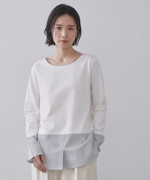 OPAQUE.CLIP（オペークドットクリップ）の「シャツドッキングカットソー【洗濯機OK】（Tシャツ/カットソー・レディース・ライトブルー/ホワイト系3/ホワイト・40/38）」の2枚目の写真