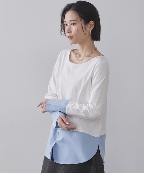 OPAQUE.CLIP（オペークドットクリップ）の「シャツドッキングカットソー【洗濯機OK】（Tシャツ/カットソー・レディース・ライトブルー/ホワイト系3/ホワイト・40/38）」の3枚目の写真