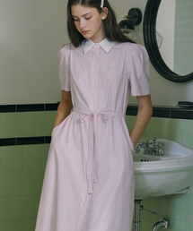 Puff Stripe Shirt Dress - Pink