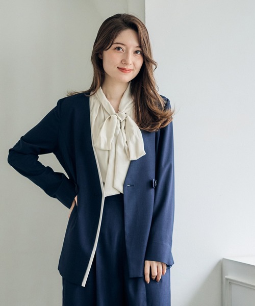 12Twelve Agenda（トゥエルブ　アジェンダ）の「配色デザインカラーレスジャケット（ノーカラージャケット・レディース・ネイビー/ライトグレー・M）」の2枚目の写真