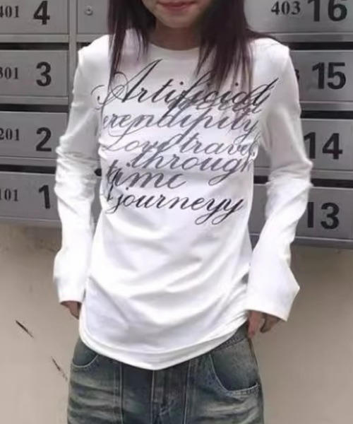 おしゃれスタ(オシャレスタ)の「ロゴプリント ロングスリーブカットソー(Tシャツ/カットソー・レディース・ホワイト/ブラック・S/M/L/XL)」の7枚目の写真