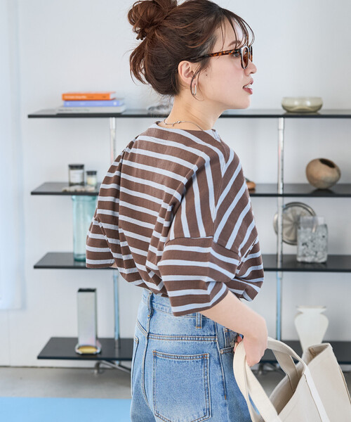FREAK'S STORE(フリークスストア)の「限定展開 ボートネック バスク ボーダー 半袖 Tシャツ(Tシャツ/カットソー・レディース・オフホワイト/ブルー/グリーン/ブラウン/ブラック/ネイビー/オレンジ/ベージュ・フリ-)」の13枚目の写真